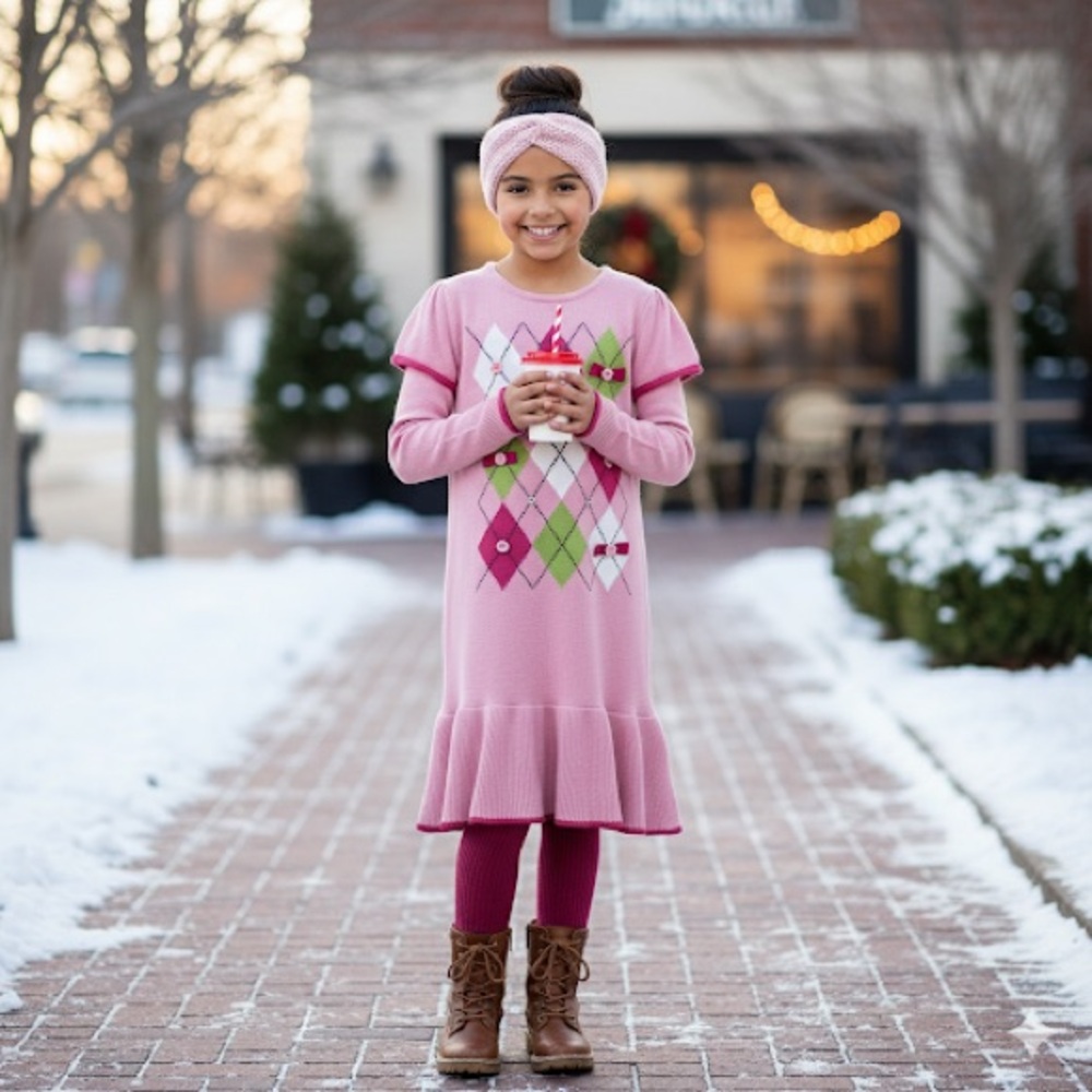 Gymboree Sweater Pink Diamond Bow Button  Dress Size 12